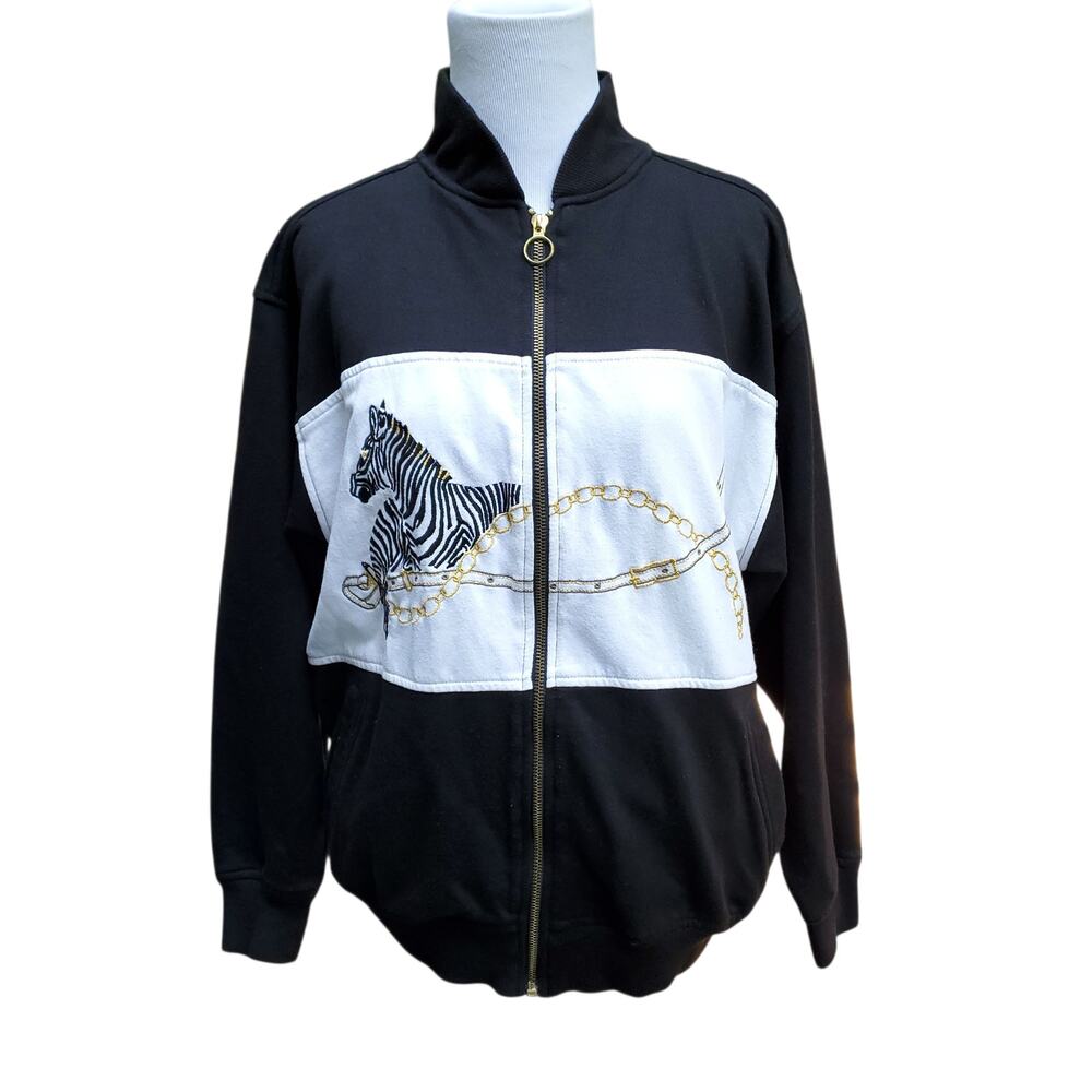 Vintage 90s Mureli Full Zip Sweatshirt Jacket Black White Gold Zebra 1990s Sz M